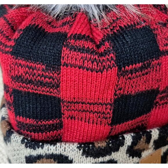 Panache Ladies Faux Fur Pom Red Buffalo Plaid Knit Beanie One Size Animal Print - Picture 2 of 8